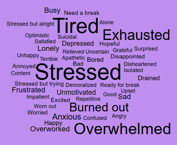 Stressed, Tired, Overwhelmed, Exhausted, Burned out, Anxious, Frustrated, Sad, Busy, Lonely, Overworked, Unmotivated, Depressed, Bored, Drained, Happy, Annoyed, Excited, Hopeful, Bad, Disappointed, Need a break, Stressed but trying, Worried, Confused