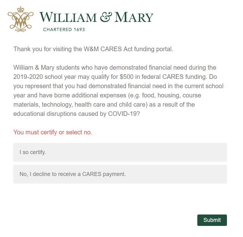 CARES verification portal
