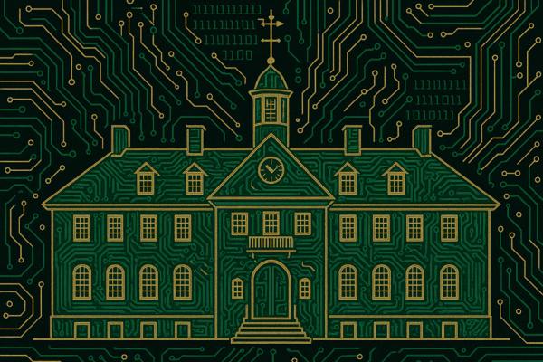 A green and gold illustration of the Wren Building in the style of a motherboard circuits, generated by ChatGPT