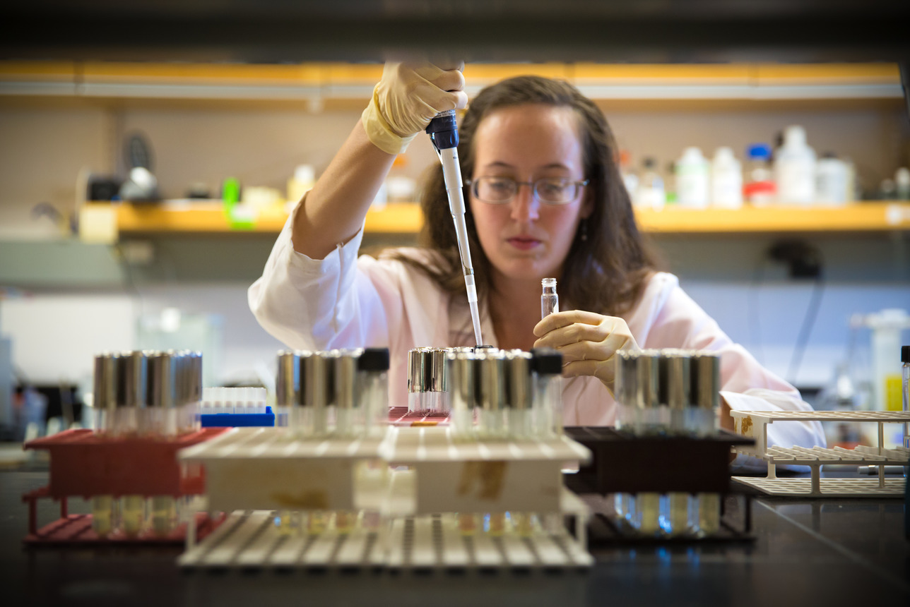 woman pouring liquid into lab tubes
