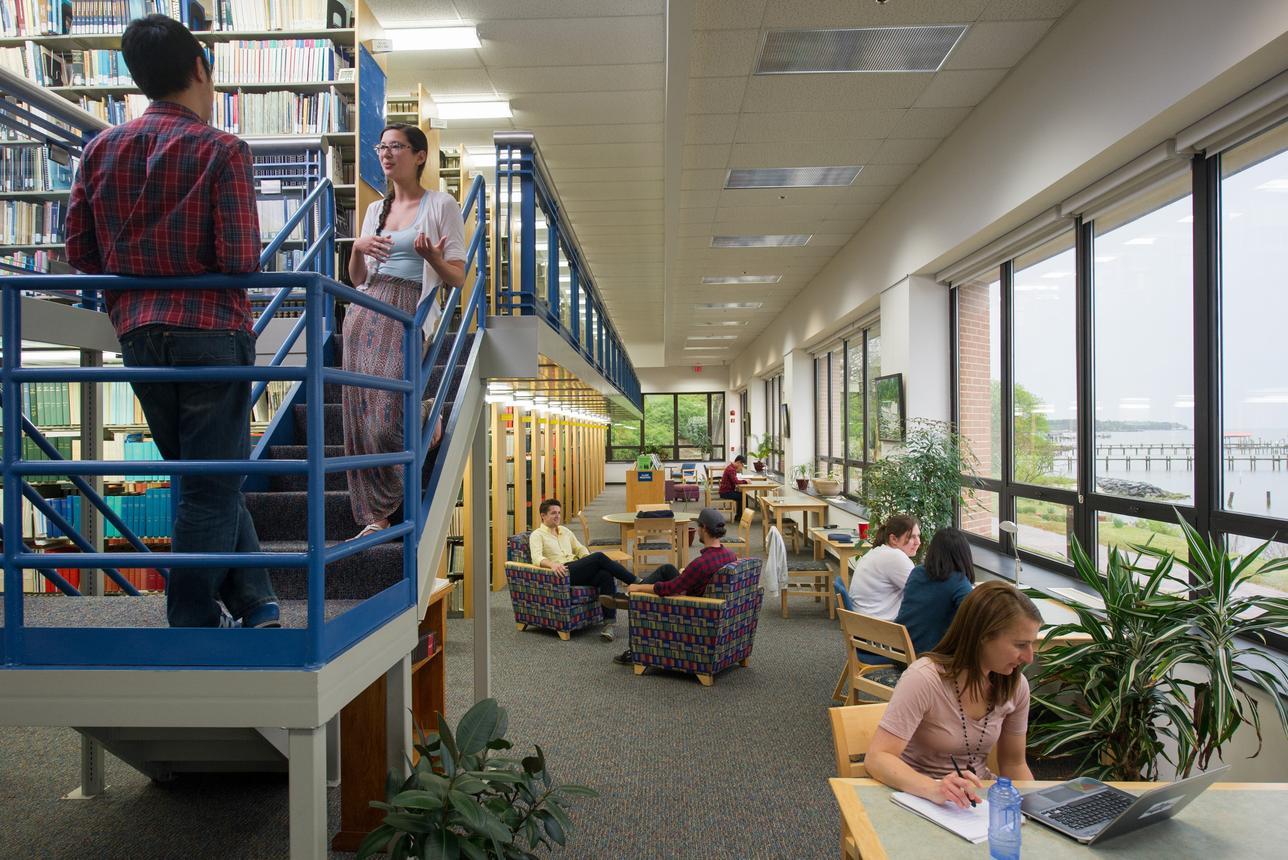 library full of students chatting and working on their computers