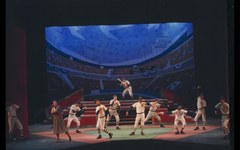 Actors in baseball uniforms perform a musical number on stage in W&M Theatre’s “Damn Yankees.”