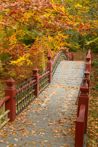 Path over the Crim Dell bridge with fall foliage on surrounding trees