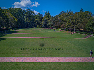 Aerial view of the Sunken Garden with the W&M logo overlayed on the grass