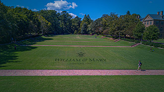 Aerial view of the Sunken Garden with the W&M logo overlayed on the grass