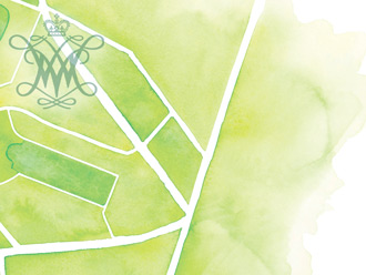 Watercolor illustration of merging roads that border campus on a green background with a cypher in the corner