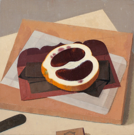 Blood Orange Cut Open with Knife and Cork, 2010, oil on linen, 8 x 8