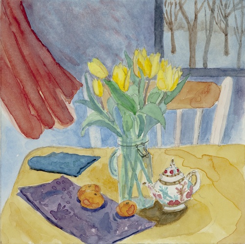Lindy Carroll, 'Tulips, Tea, and Clementines' watercolor and graphite on paper, 12x12 inches