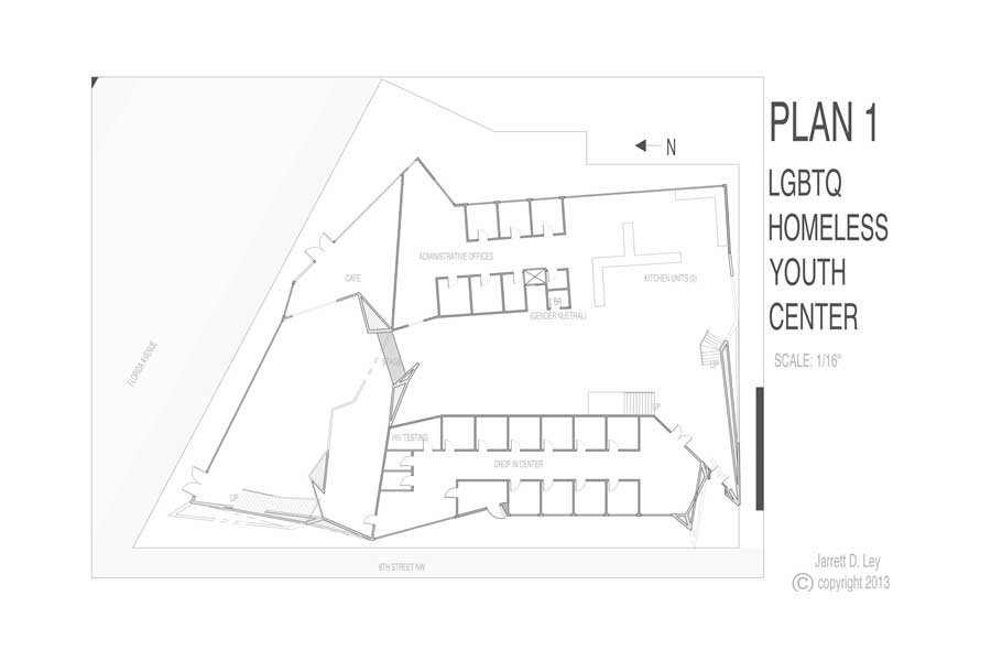 Plan 1: On the first floor, the central portion of the border-space is the site of the collision between private and public zones.