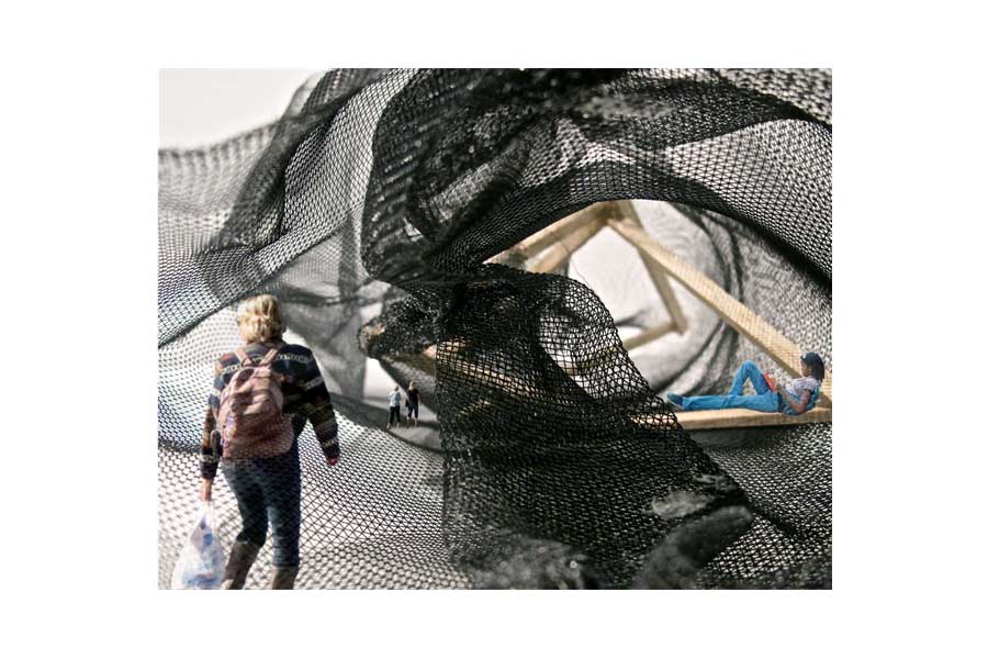 Study Model Render: A visualization of how two spaces could be productively interrelated using walls that have been perforated with apertures of variable size.   