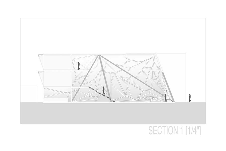 Section: Reaching inward toward the residential core and outward to the existing street edge, crossing the threshold between the city in which residents have been denied spatial agency and a space specifically designed to reverse that. 
