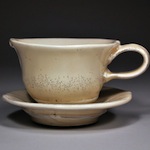 Birdie Boone, Cup and Saucer (‘Curvy’ series), 2010 Midrange redware, bisque slip, self-formulated glazes, 6” x 4.5” x 5”