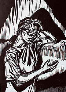 Brian Kreydatus, The 14th of April: Gabriel texting. 2020. Linoleum. 12”x9”
