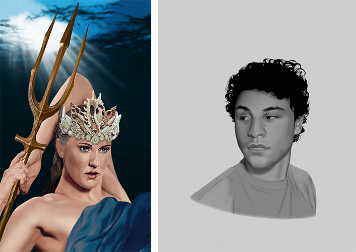 Chris Eliades '23, (left)"Poseidon", 12x20", digital painting; (right) "Self Portrait" 11x14", digital painting