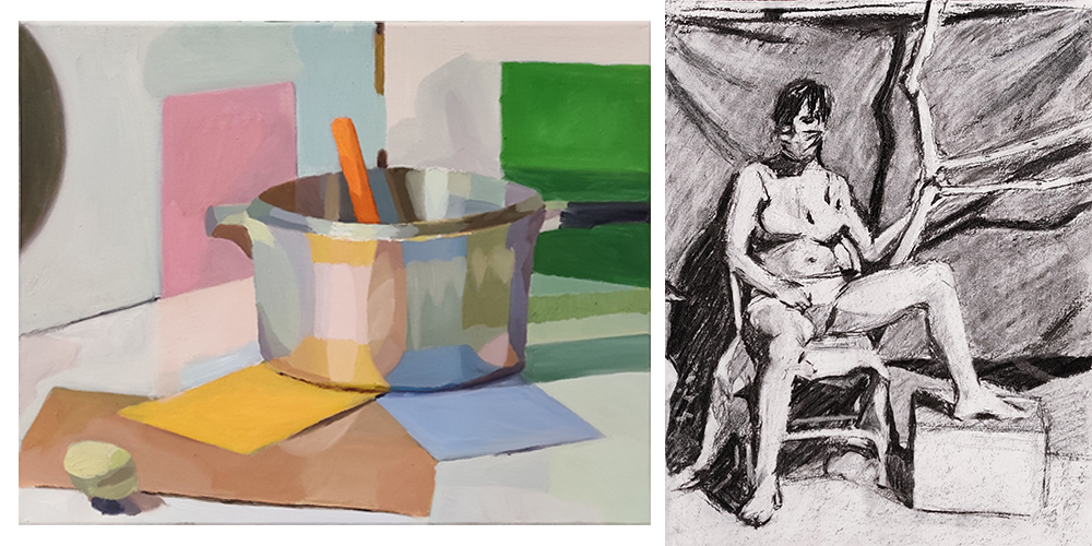 Avery Hines '22, (left) "Saucepan", 16x20", oil, 2020; (right) "Anna with Branch", 11x14", charcoal, 2021