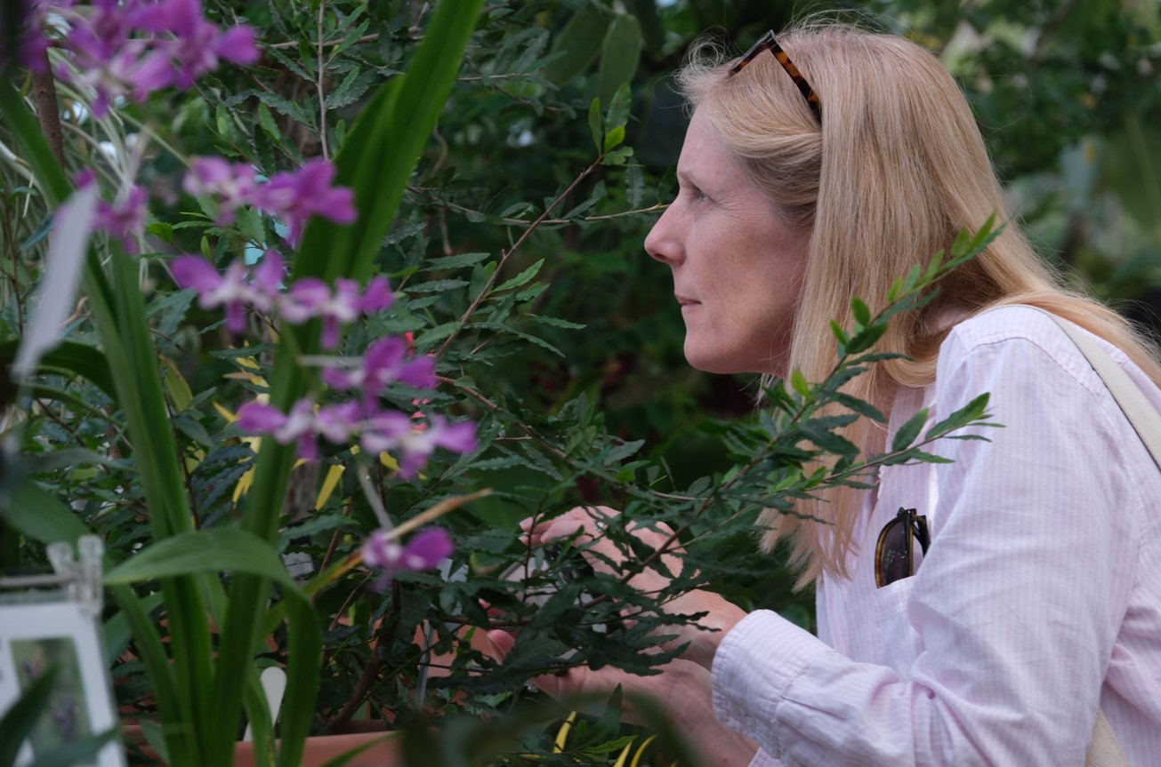 woman studying plant intensely