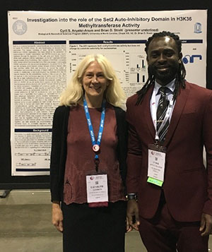 Image 5. Dr. Lizabeth A. Allison (left) with Cyril Anyetei-Anum ’16 (B.S.) and ’18 (Master’s) (right). He presented data obtained as a Ph.D. student, during his first lab rotation at UNC-Chapel Hill.