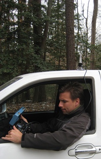 Vitek Jirinec with bird signal tracking equipment  (photo Randy Chambers)