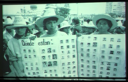 Slide 7: Two women, holding posters with the caption "Donde estan?" and a lot of smaller photographs of individual people.