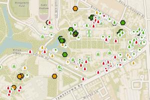 Map showing location and type of commemorative object on the campus of William & Mary.