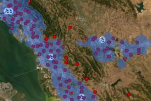 Landscape and data points including courthouses in California.