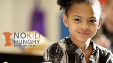 Photo of elementary school-aged child with "No Kid Hungry" logo.