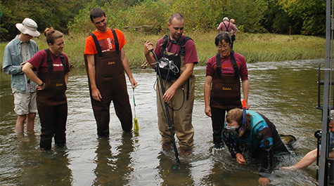 Staff and students from Virginia Tech finding tagged mussels at site of Coal Slurry Spill.
