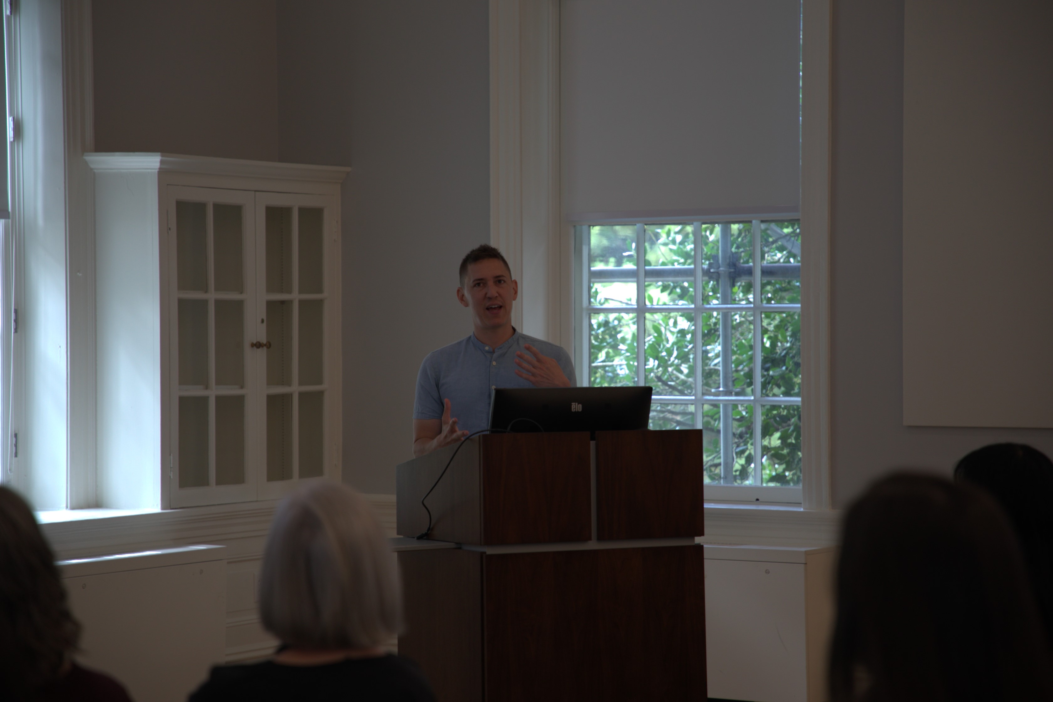 Jones shares his research and writing methods during a public talk cohosted by the Charles Center and Reves Center for International Studies Sept. 8 in the Grimsley Boardroom. (Photo by Adeline Steel)