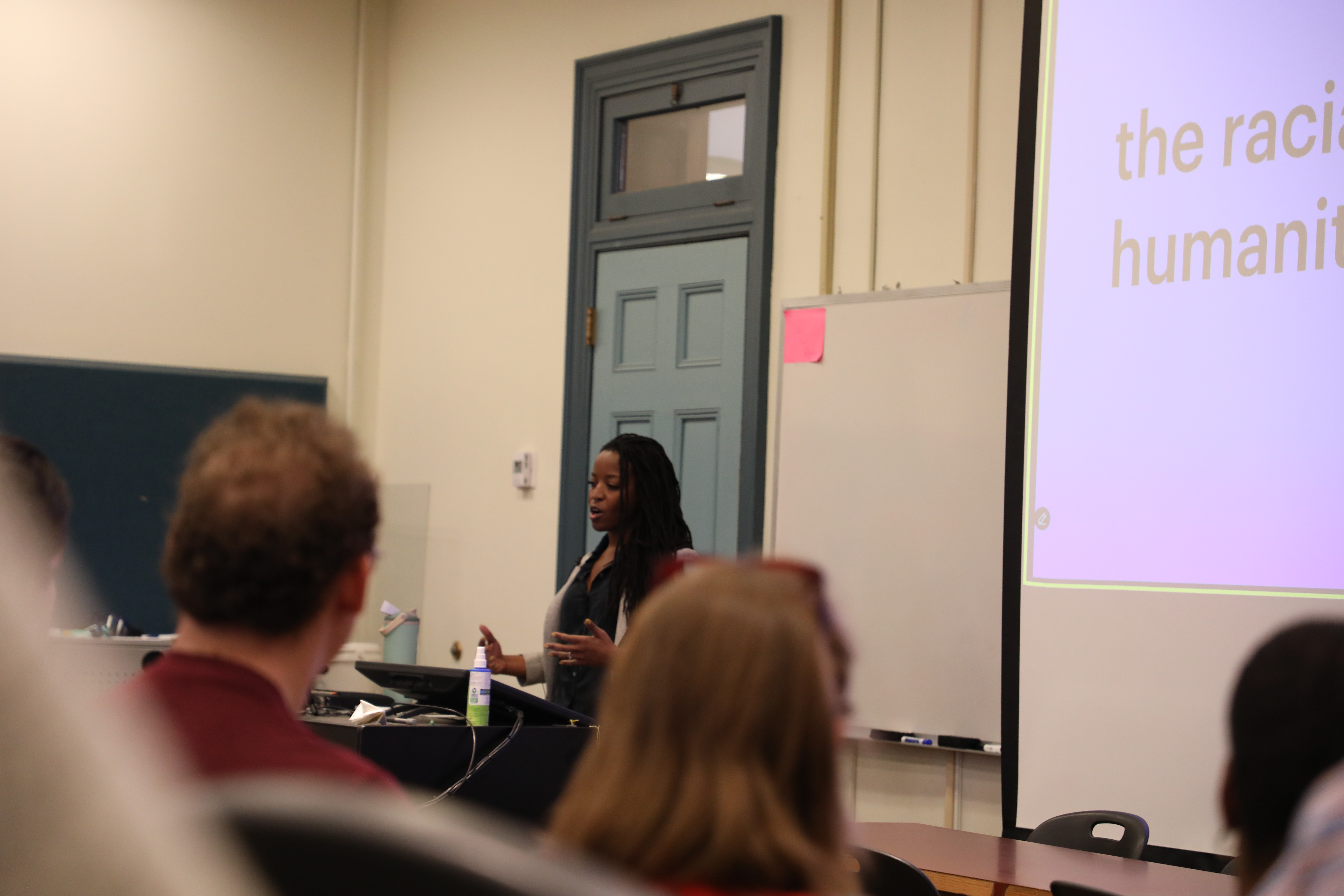 Dr. Michelle Munyikwa '11, a former 1693 Scholar and now physician and fellow at University of Pennsylvania and Children’s Hospital of Philadelphia, spoke to a crowd of more than 75 in Washington Hall 201 on Oct. 17. (Photo by Ademine Steel)
