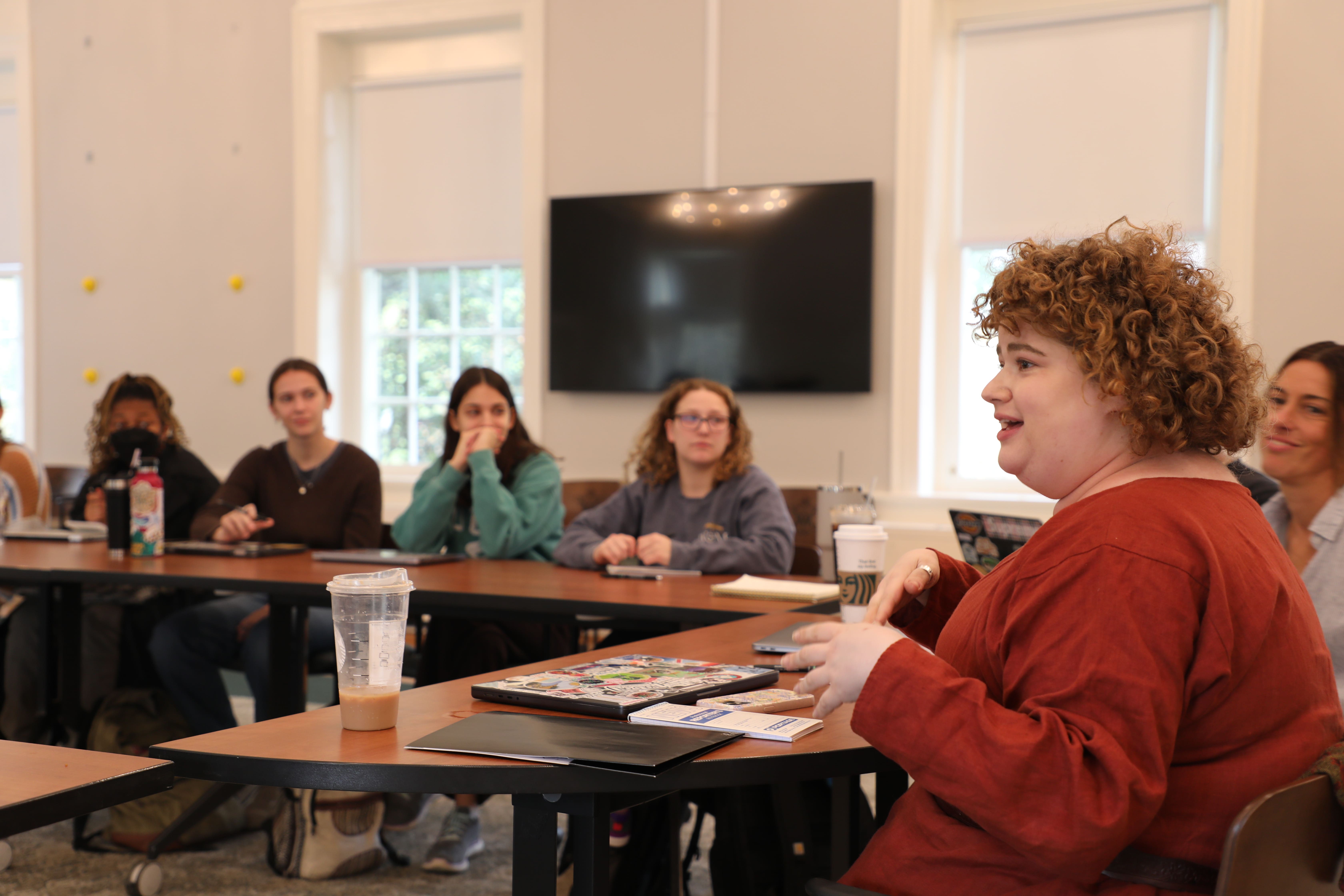 "You don't go into this field unless you care about knowledge and understanding the truth," Dietz tells Sharp Journalism Seminar students during class Oct. 26 in the Grimsley Boardroom. (Photo by Ted Maris-Wolf)