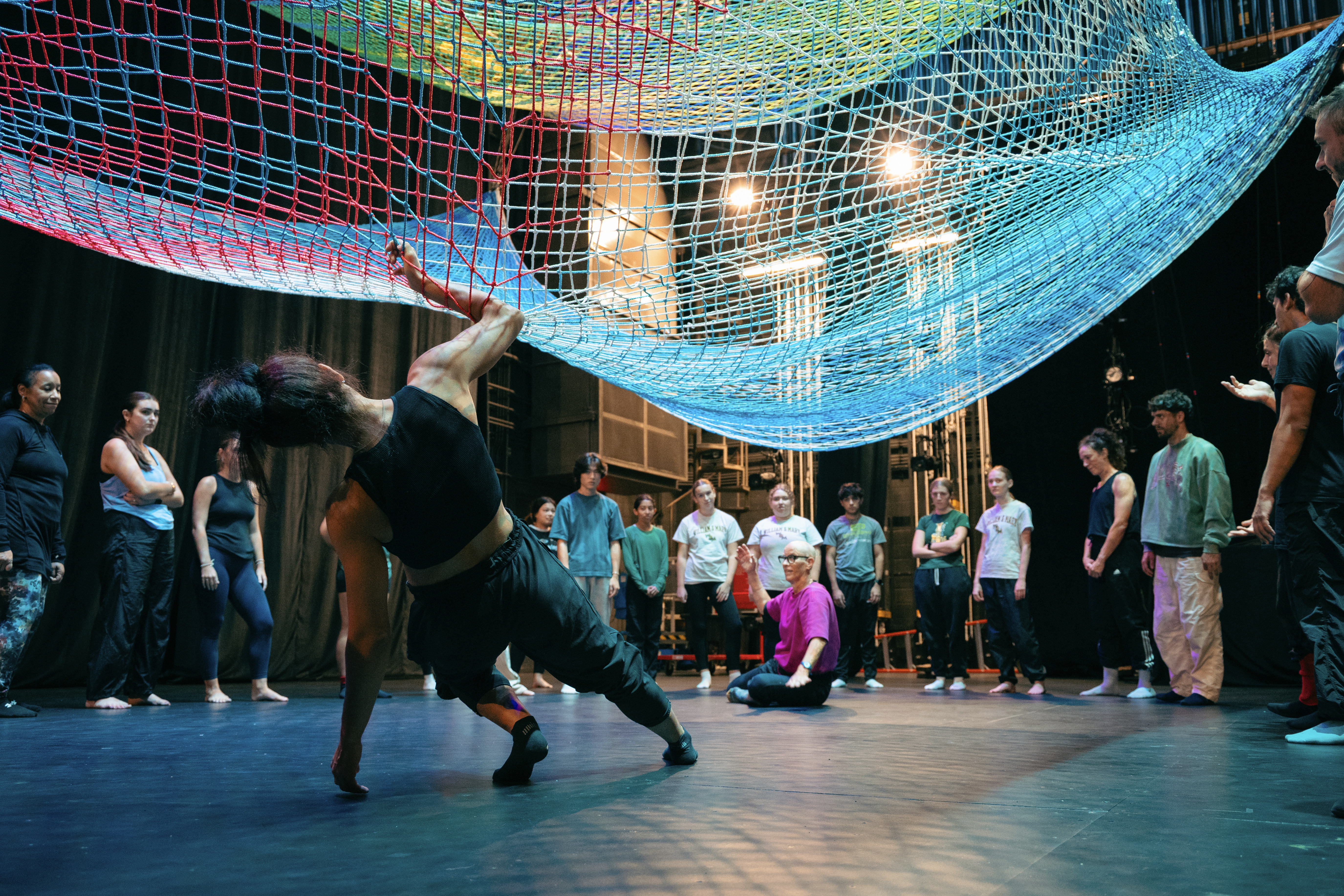 Noli Timere Director/Choreographer Rebecca Lazier (center) discusses the joys and challenges of bringing sculpture to life through dance during a masterclass held Oct. 2 in William & Mary's Glenn Close Theatre. (Photo by Samuel Li)
