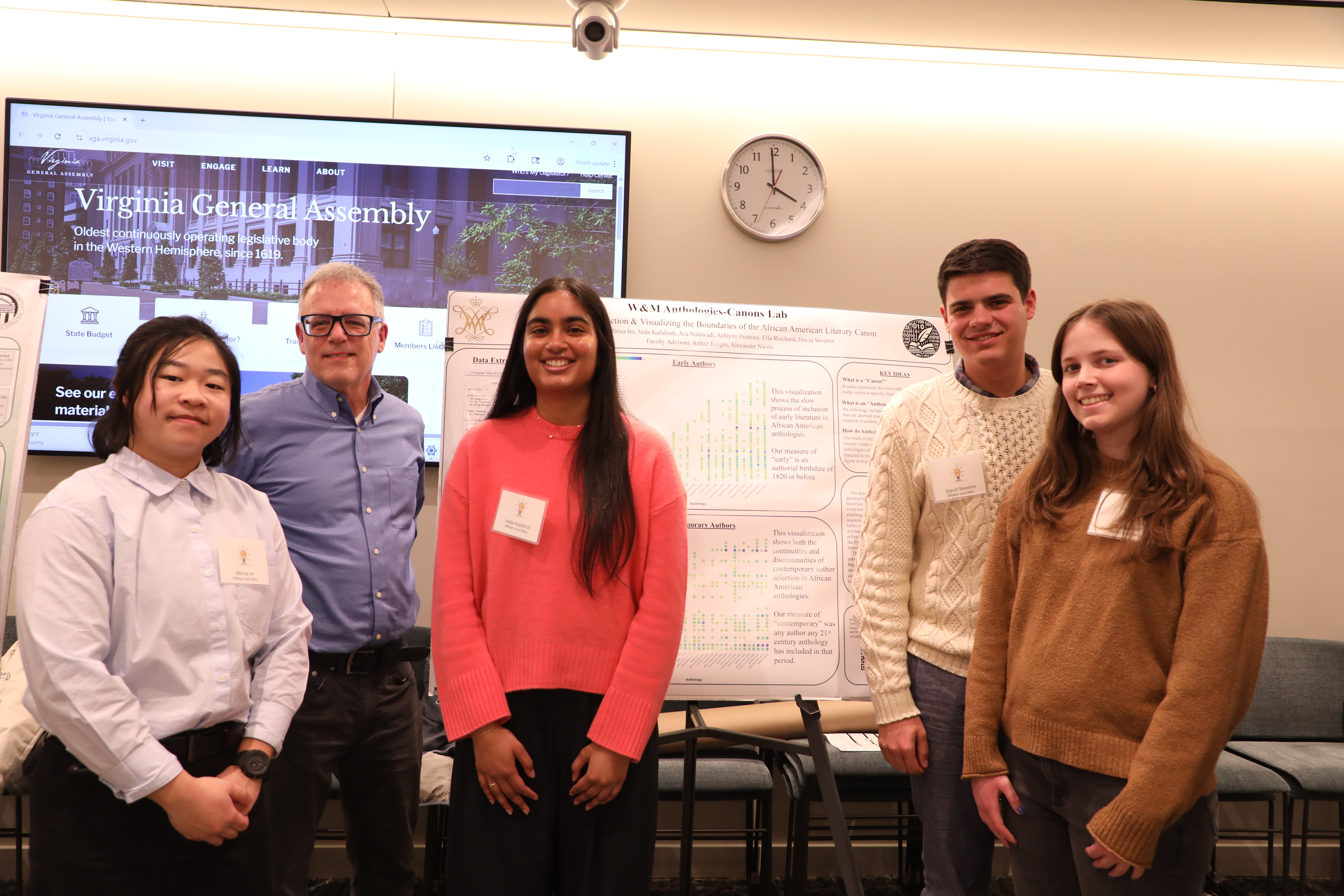 Mirina Im ’26, Associate Professor and Chair of English Arthur Knight, Veda Kalidindi ’26, David Severns ’28, and Ella Rischard ’26 (left to right) spark dialogue at the State Capitol Jan. 29 with their presentation of research from William & Mary's Anthology-Canons Lab. (Photo by Adeline Steel)