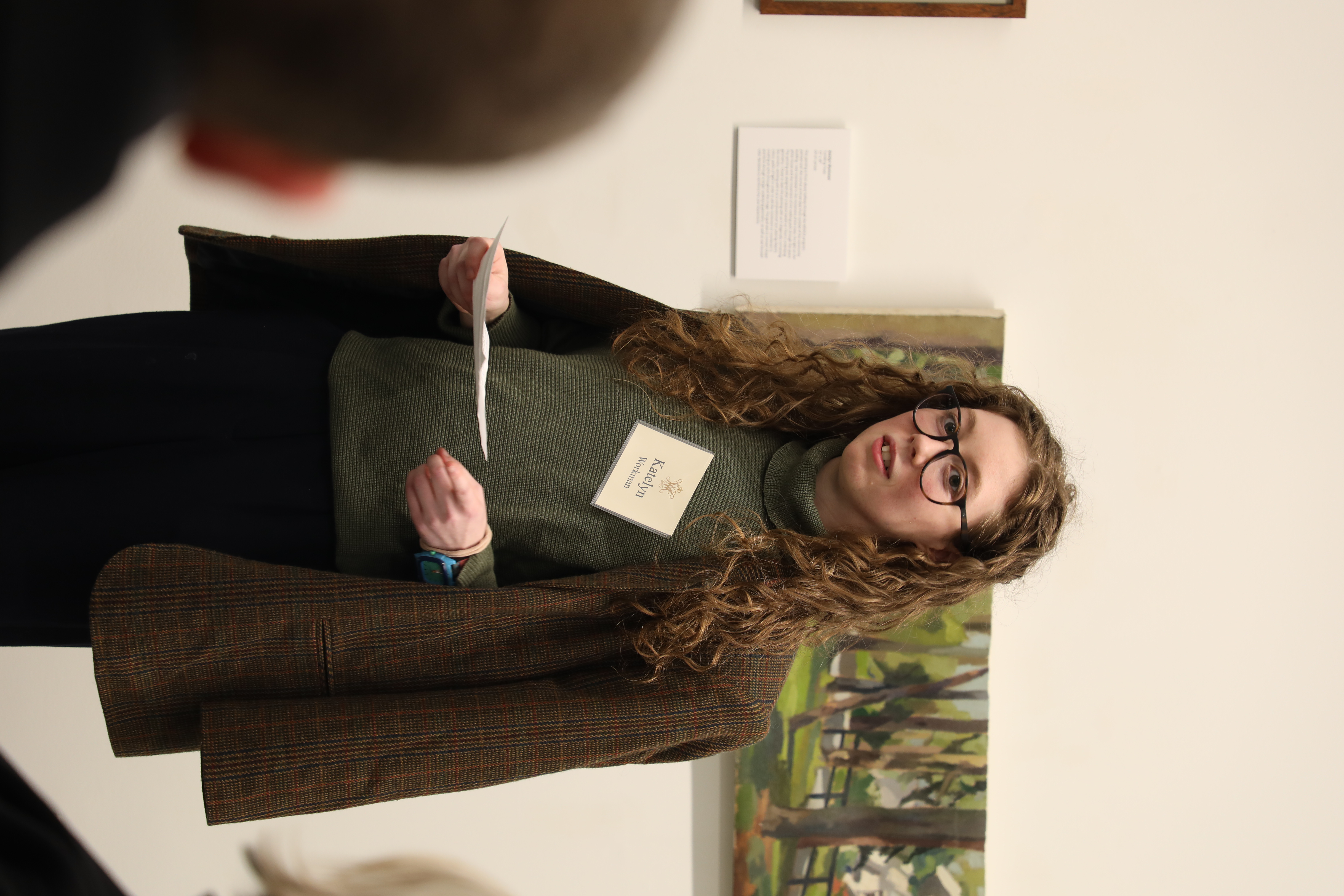 Workman discusses connections between her intensive summer experience at Mount Gretna School of Art and her William & Mary coursework during the Catron Exhibition and Reception held in Sadler's Hart Gallery Nov. 15, 2025. (Photo by Adeline Steel)