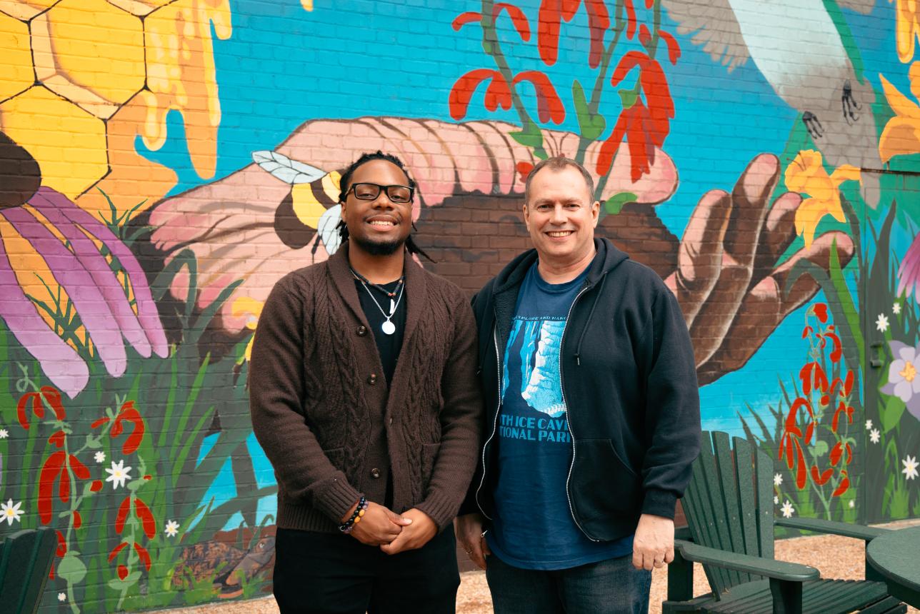 Senior Ethan Stewart (left), a biology and environmental science double major, credits mentorship from William and Mary Scholars Undergraduate Research Experience (WMSURE) staff and his advisor, John Swaddle (right), professor of biology and faculty director of the Institute for Integrative Conservation, with inspiring and sustaining his research interests. (Photo by Samuel Li)