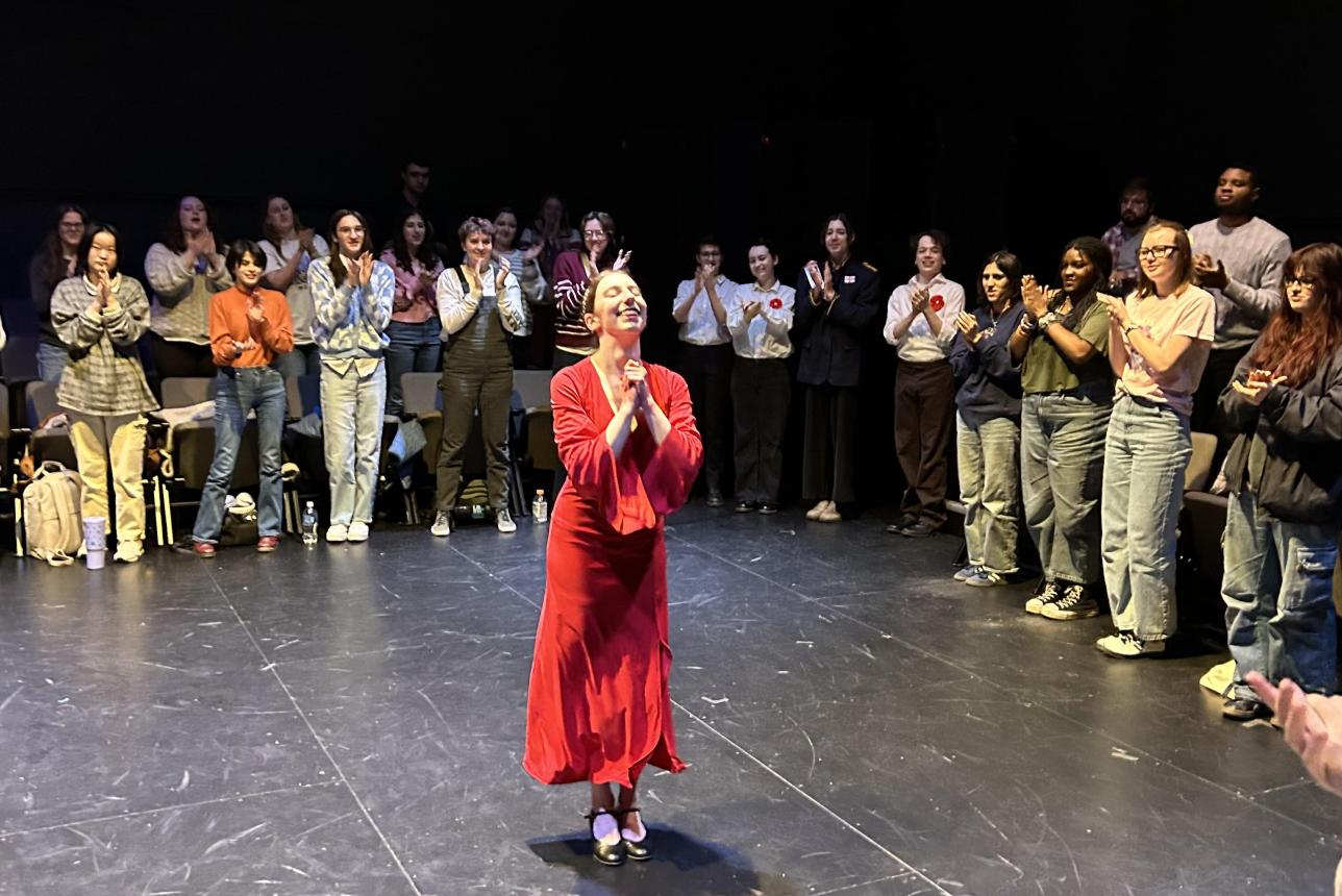 Cate Oken '27 performs in William & Mary's Shakespeare in the Dark performance of Macbeth Feb. 23 in Phi Beta Kappa Memorial Hall. (Courtesy photo)