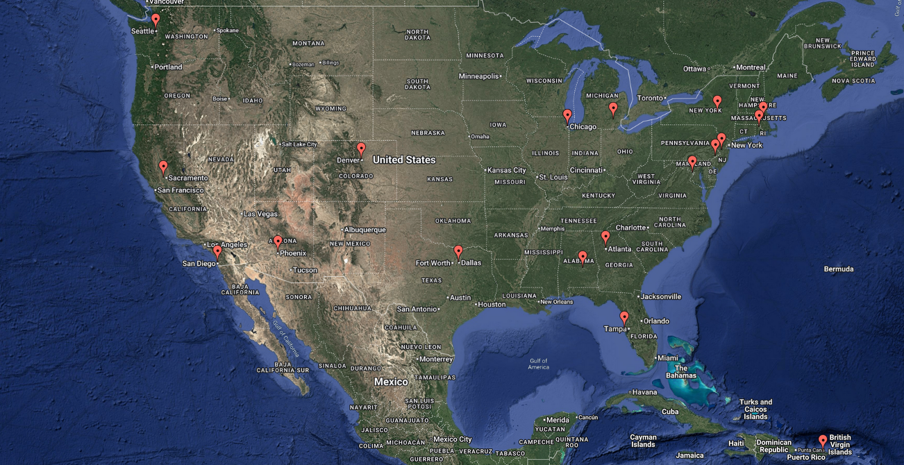 Fifty-five undergraduates received Charles Center Research in Motion grants to attend conferences in 16 states and Washington, DC, and conduct faculty-mentored research in Puerto Rico. (Google Maps)