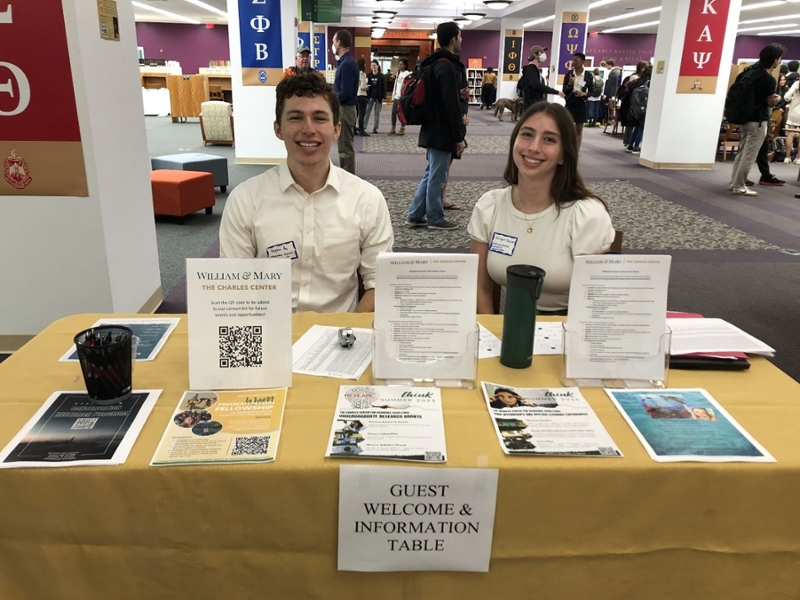 Grayson Hoy '23 and Abigail Taylor '24 welcomed more than 500 guests to the Fall Undergraduate Research Symposium in Swem Library September 30, 2022. (photo by Kate Patterson)