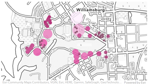 Distribution of washing and drying machines in William &amp; Mary campus housing, excluding fraternities that have no data. (map by Kaleea Korunka '25 and Kyle Lewis-Johnson '25)