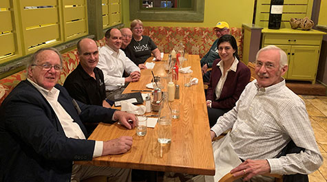 From left: David Mims, ‘64, Rob Hinkle, Michael Amendola ‘95/’96, Randy Coleman, Joann Grey Reynolds ’79, her spouse John Roach, Sofia Garakyaraghi ’13 and Dick Kiefer.