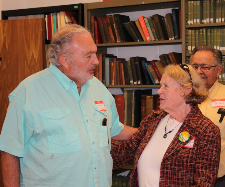 Jeff Mobley '62 and Judy Warder Schroeder '62 with Prof. Baron in background