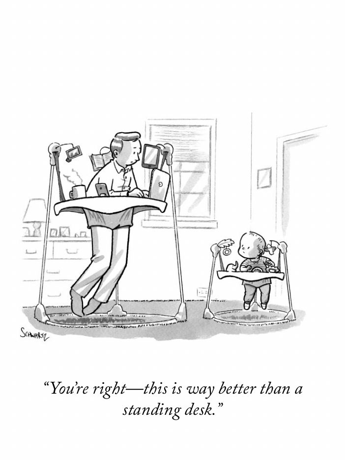 Cartoon of baby showing an adult an alternative to writing desks