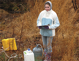 Allison Cornell, a freshman of College of William and Mary, is collecting water samples in West Point,Virginia.