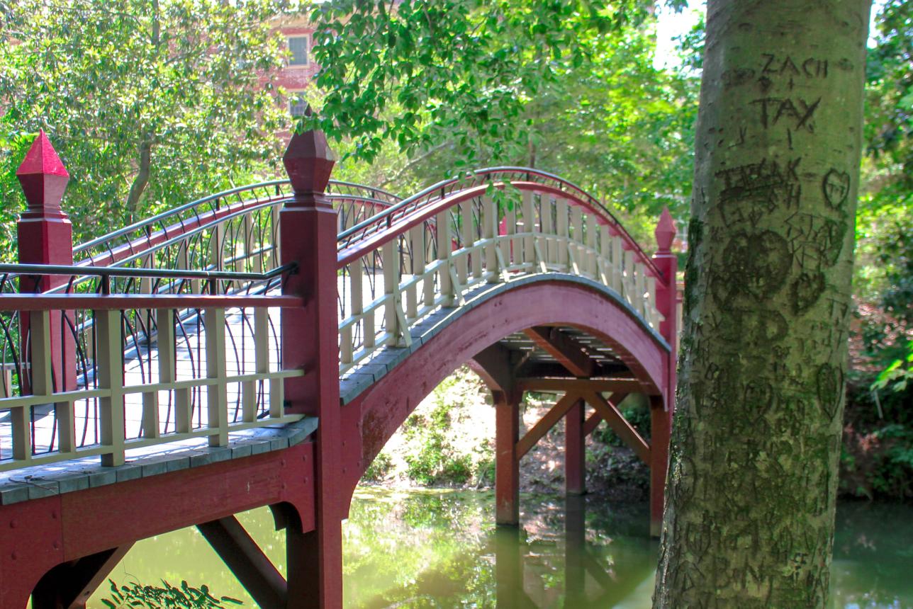 Crim Dell Bridge with carved tree trunk at William & Mary
