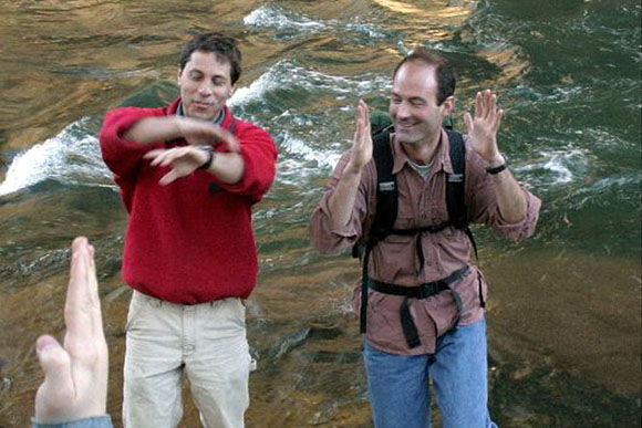 Faculty dorks play the ‘guess the dip game’ along the Rockfish River.
