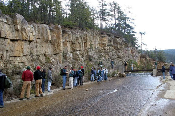Discussing quartz sandstones in the early Cambrian Antietam Formation, near Big Levels.