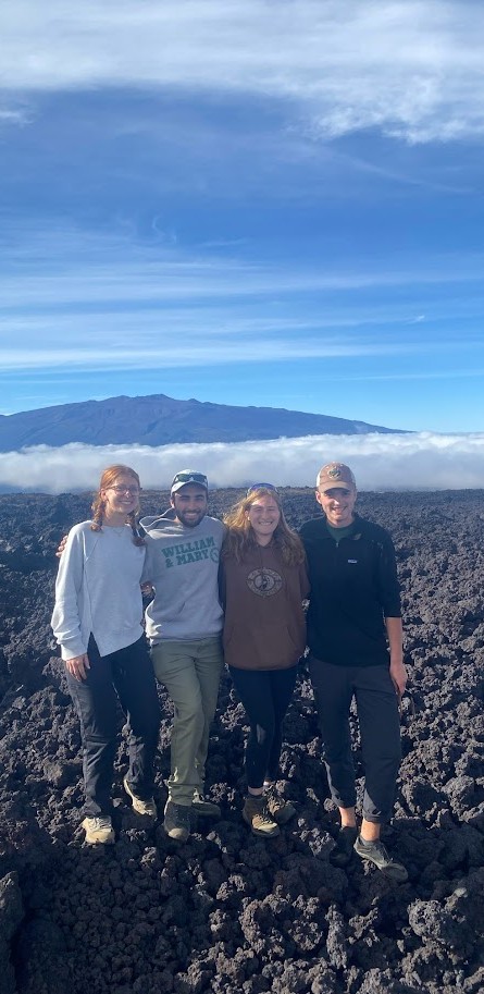 Executive Members for the Year 2025-2026 on Mauna Loa during a GEOL 310 Field Trip to Hawai’i (From Left to Right: Katherine Tharrington, Sage Khurana, Katie Railsback, and Addison Greenfeld)