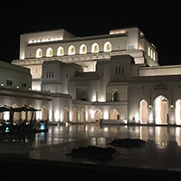 The Royal Opera House in Muscat Oman on the night of my departure: beautifully lit by night but dark for the 40 days in deference to the late Sultan Qaboos.