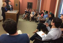 Dawn Davison, left, who argued for Anthony Juniper before the Fourth Circuit moments earlier, and Rob Lee, who directs the Virginia Capital Representation Resource Center, speak with "Death is Different" students on September 15, 2017