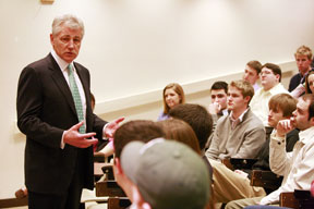 Hagel took more than a dozen questions from government students.