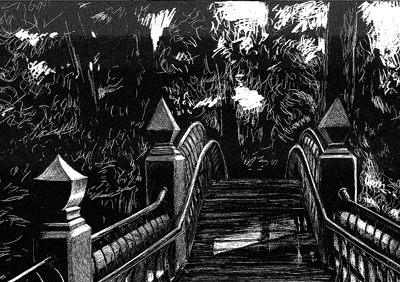 Crim Dell Bridge, scratchboard, 8.5 by 11 inches, by Molly Adair '14